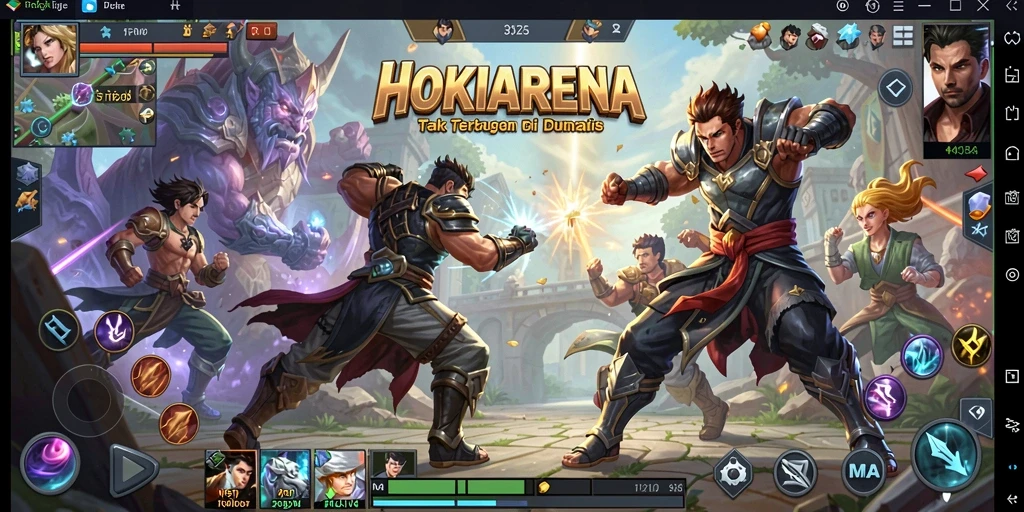 Tampilan seru dari gameplay HOKIARENA di arena MOBA.