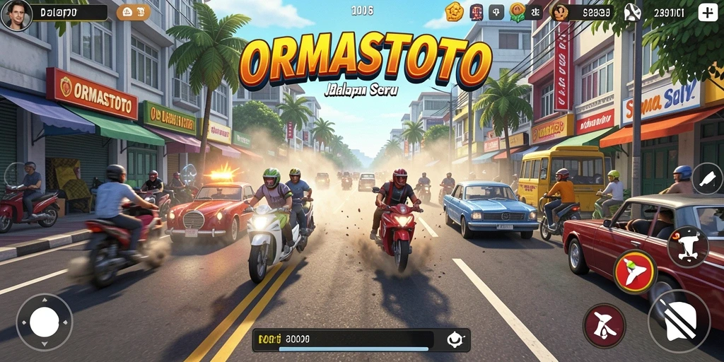 Tampilan menarik dari gameplay balapan ORMASTOTO yang seru.