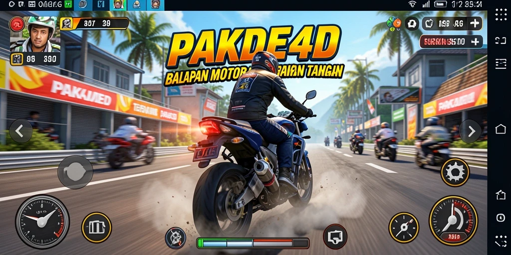 Tangkapan layar gameplay PAKDE4D yang menunjukkan aksi balapan motor yang seru.