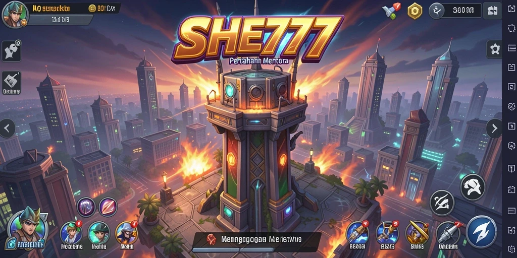 Screenshot utama SHE777 menunjukkan aksi menara pertahanan yang intens.
